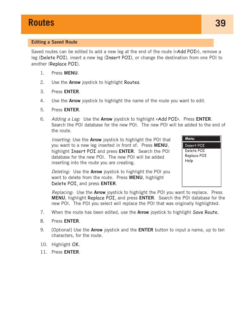 Editing a saved route, Routes 39 | Magellan eXplorist 100 User Manual | Page 44 / 77