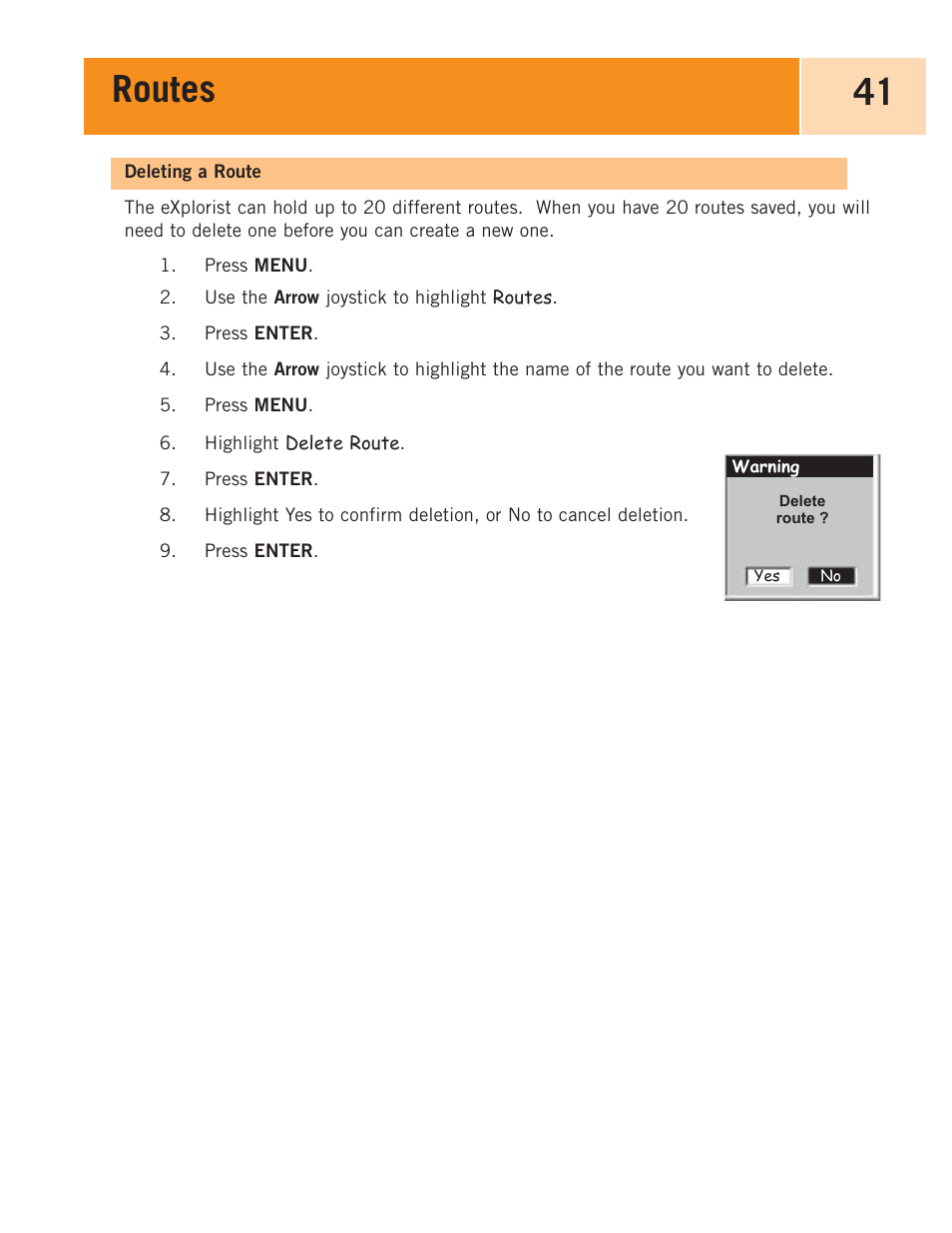 Deleting a route, Routes 41 | Magellan eXplorist 100 User Manual | Page 46 / 77