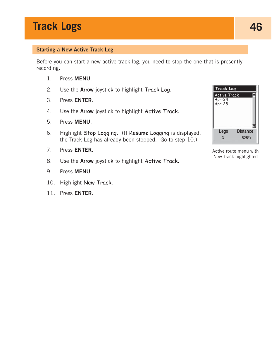 Starting a new active track log, Track logs 46 | Magellan eXplorist 100 User Manual | Page 51 / 77