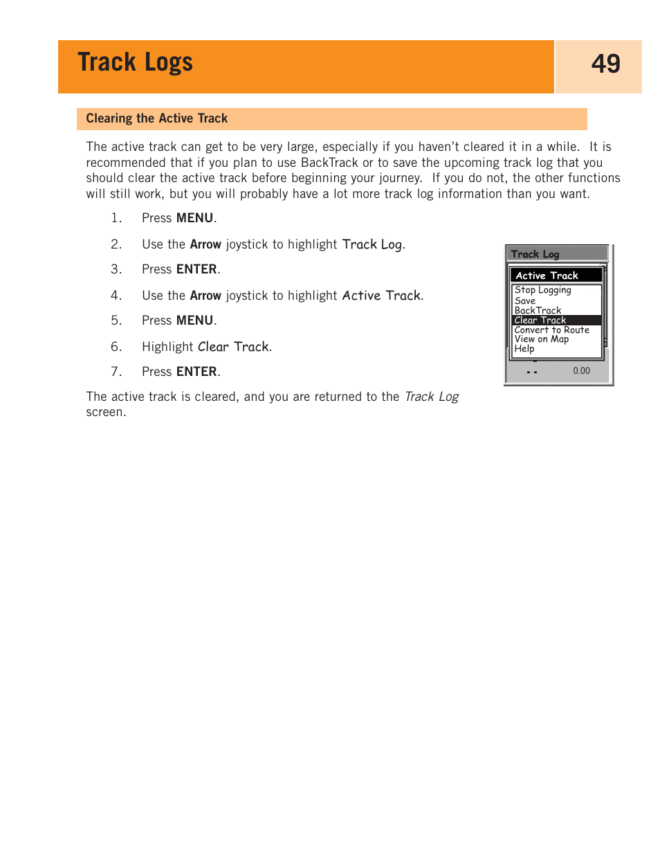 Clearing the active track, Track logs 49 | Magellan eXplorist 100 User Manual | Page 54 / 77