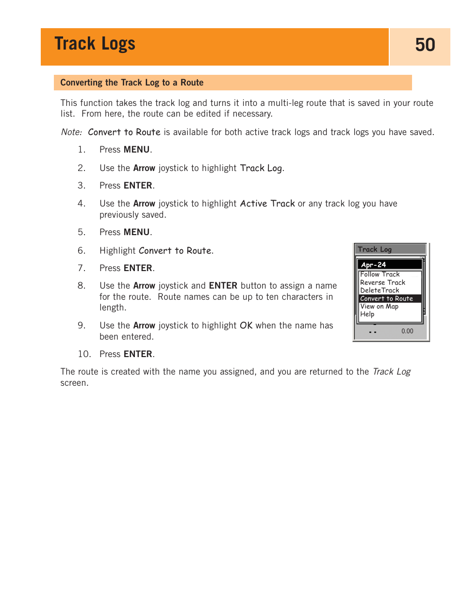 Converting the track log to a route, Track logs 50 | Magellan eXplorist 100 User Manual | Page 55 / 77