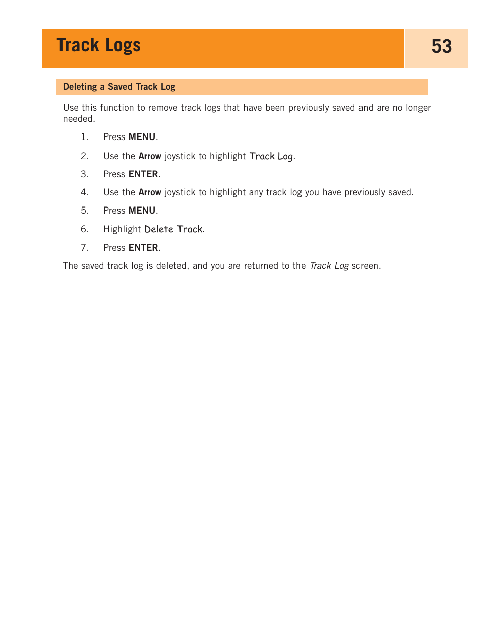 Deleting a saved track log, Track logs 53 | Magellan eXplorist 100 User Manual | Page 58 / 77