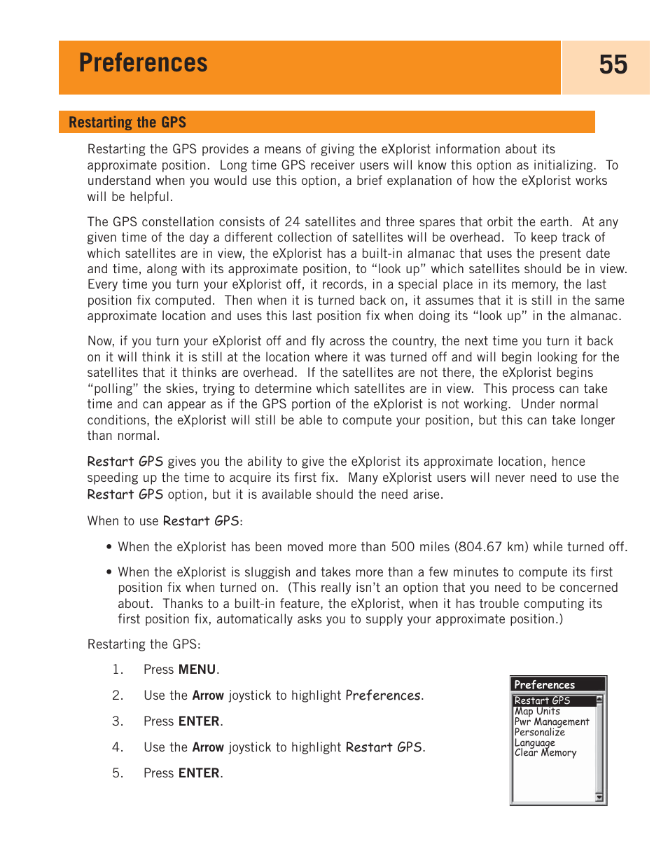 Restarting the gps, Preferences 55 | Magellan eXplorist 100 User Manual | Page 60 / 77