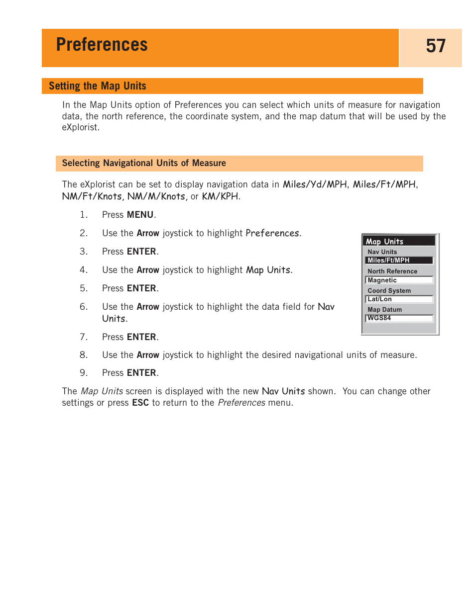 Setting the map units, Selecting navigational units of measure, Preferences 57 | Magellan eXplorist 100 User Manual | Page 62 / 77