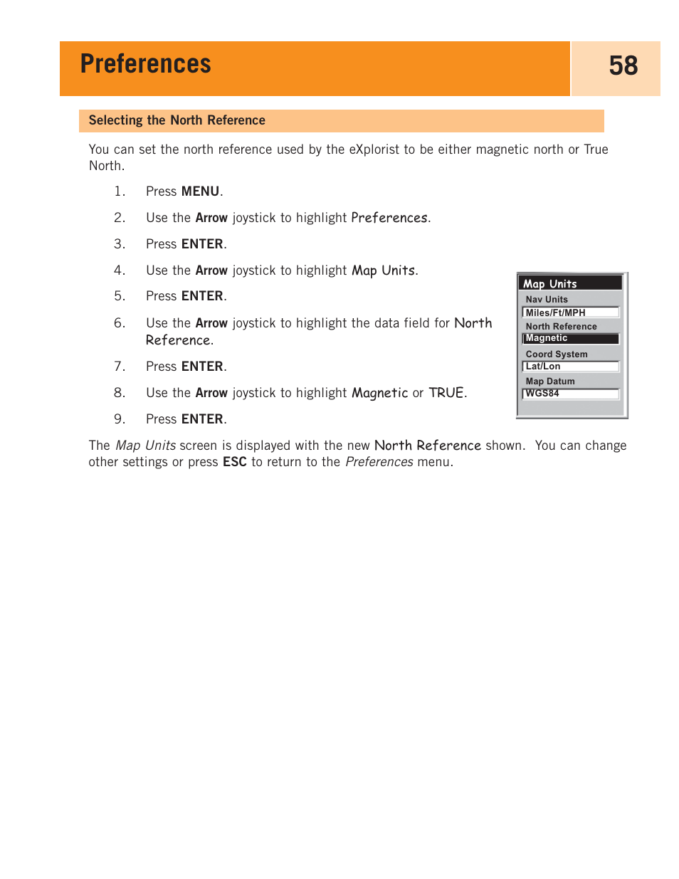 Selecting the north reference, Preferences 58 | Magellan eXplorist 100 User Manual | Page 63 / 77