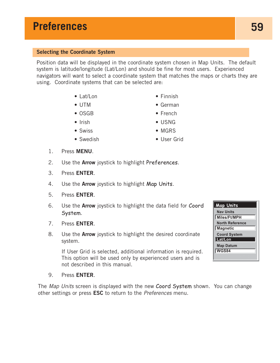 Selecting the coordinate system, Preferences 59 | Magellan eXplorist 100 User Manual | Page 64 / 77