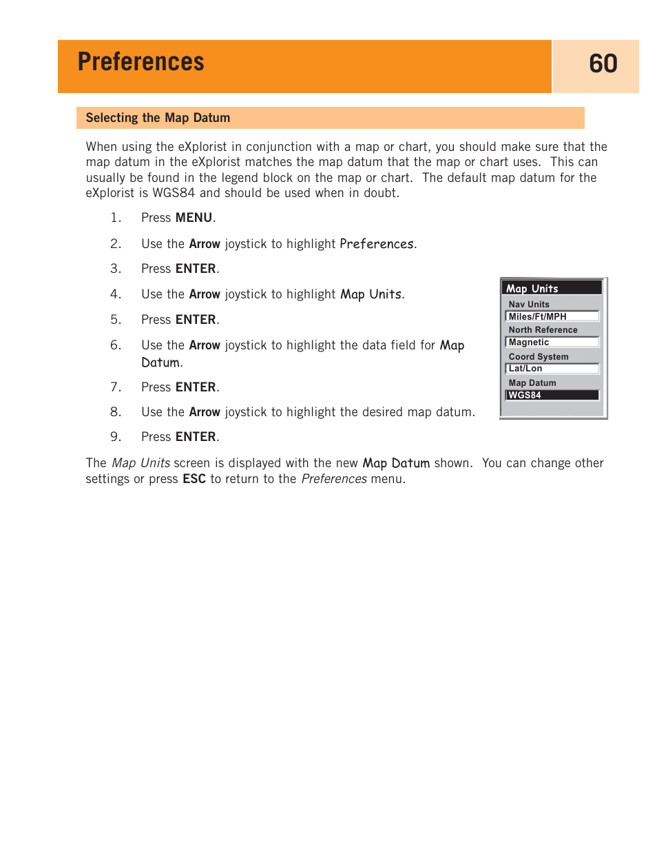 Selecting the map datum, Preferences 60 | Magellan eXplorist 100 User Manual | Page 65 / 77