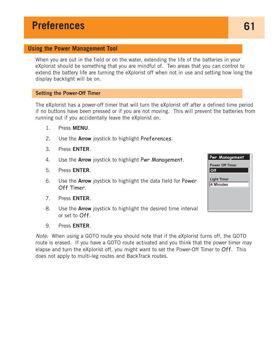 Using the power management tool, Setting the power-off timer, Preferences 61 | Magellan eXplorist 100 User Manual | Page 66 / 77