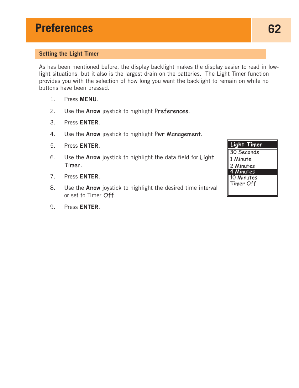 Setting the light timer, Setting the power-off timer, Preferences 62 | Magellan eXplorist 100 User Manual | Page 67 / 77