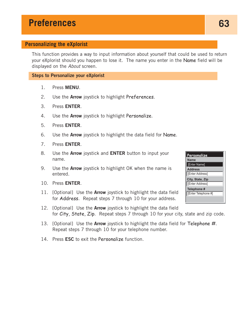 Personlizing the explorist, Steps to personalize your explorist, Personalizing the explorist | Preferences 63 | Magellan eXplorist 100 User Manual | Page 68 / 77