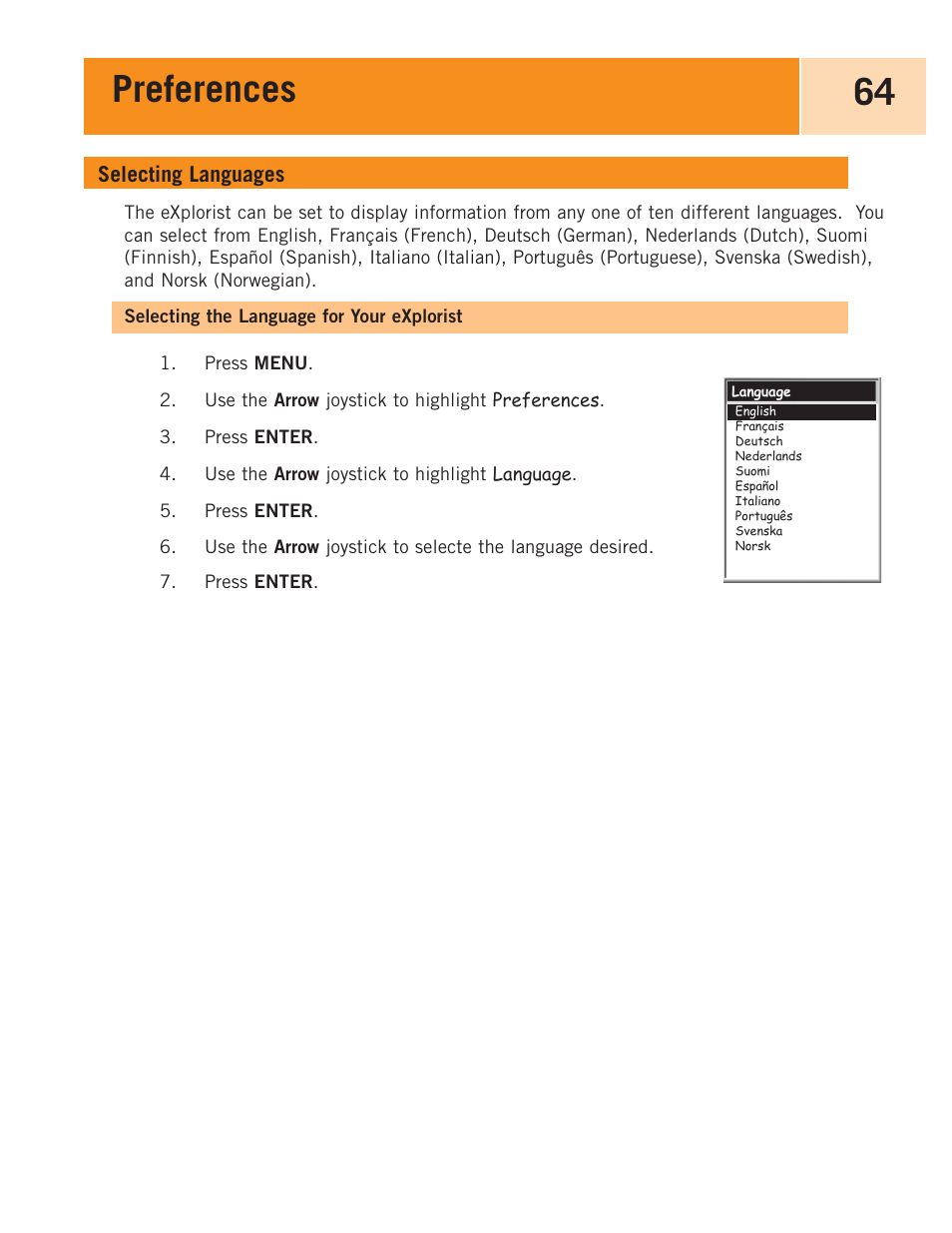 Selecting languages, Selecting the language for your explorist, Preferences 64 | Magellan eXplorist 100 User Manual | Page 69 / 77