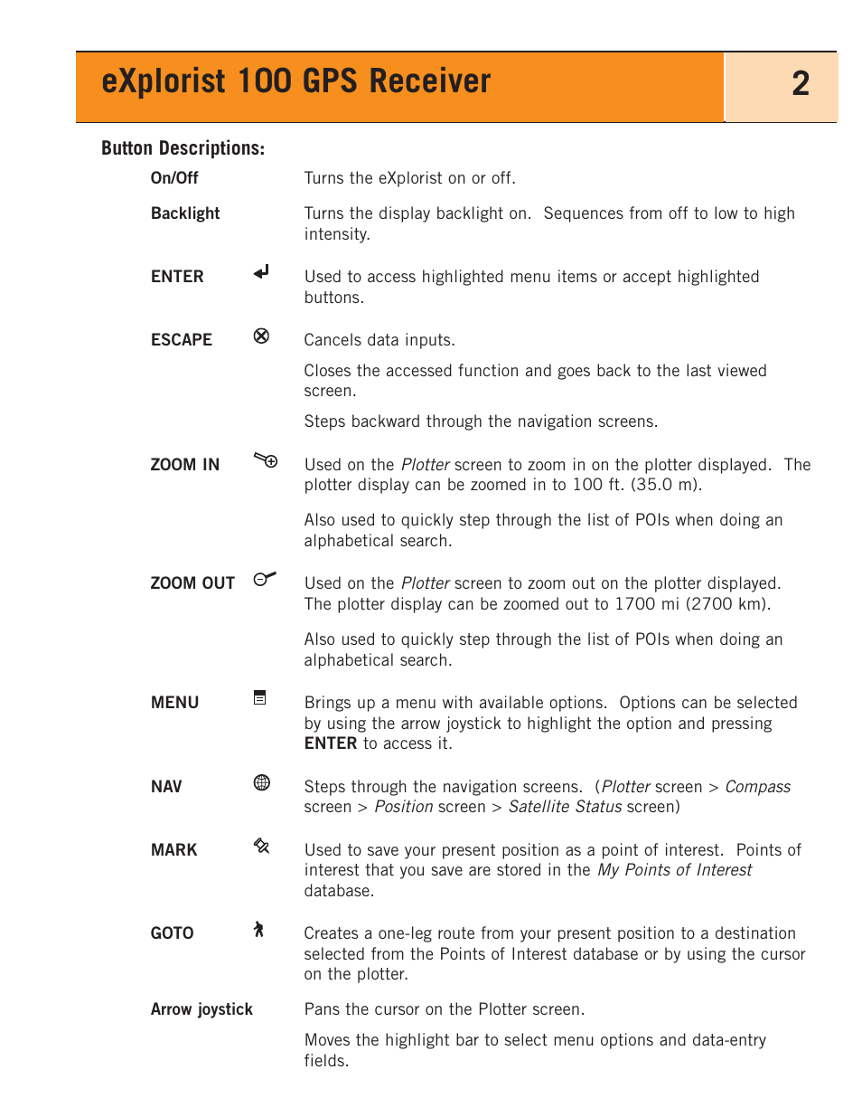 Button descriptions, Explorist 100 gps receiver 2 | Magellan eXplorist 100 User Manual | Page 7 / 77