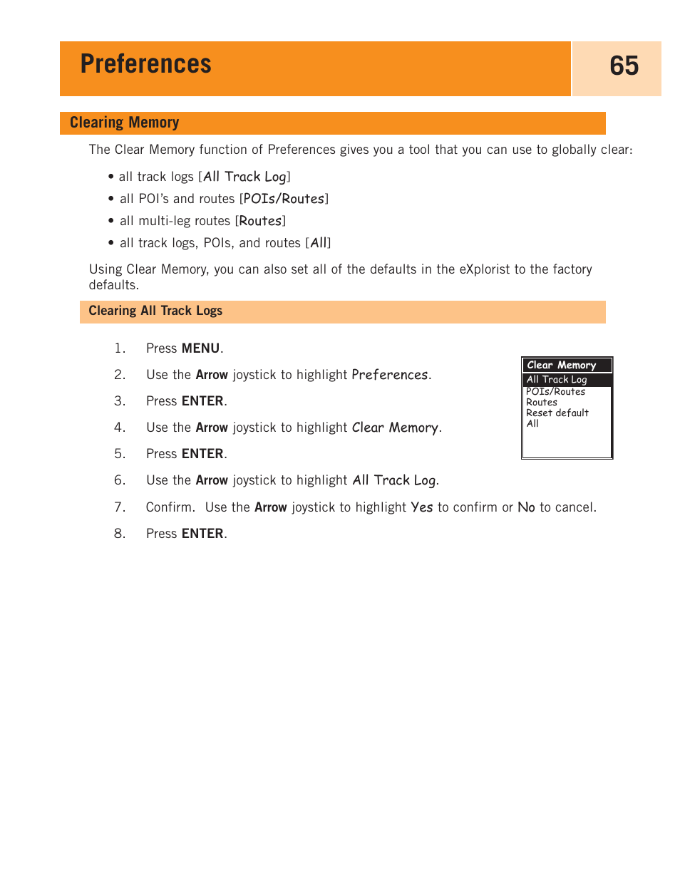 Clearing memory, Clearing all track logs, Preferences 65 | Magellan eXplorist 100 User Manual | Page 70 / 77