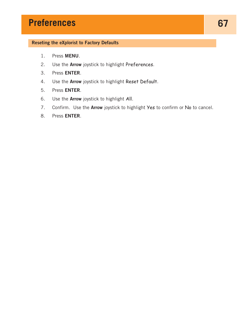 Reseting the explorist to factory defaults, Preferences 67 | Magellan eXplorist 100 User Manual | Page 72 / 77