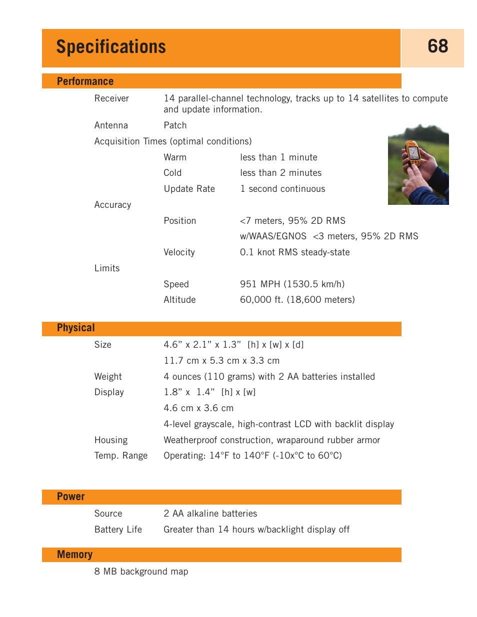 Specifications, Performance, Physical | Power, Memory | Magellan eXplorist 100 User Manual | Page 73 / 77
