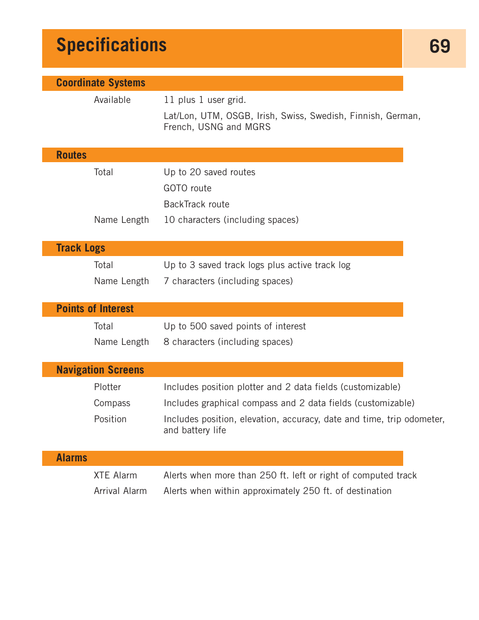Coordinate systems, Routes, Track logs | Points of interest, Navigation screens, Alarms, Specifications 69 | Magellan eXplorist 100 User Manual | Page 74 / 77