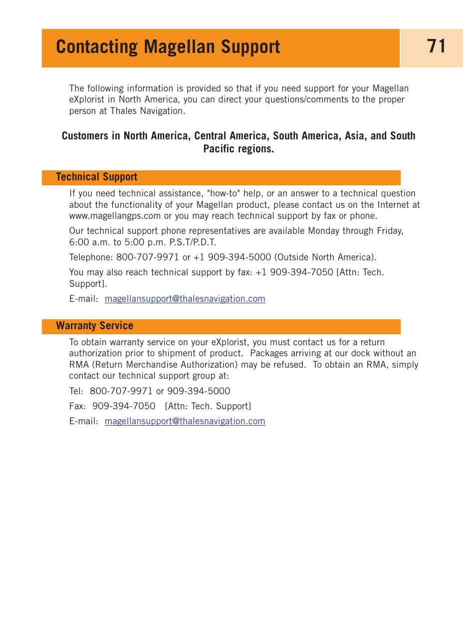 Contacting magellan support | Magellan eXplorist 100 User Manual | Page 76 / 77
