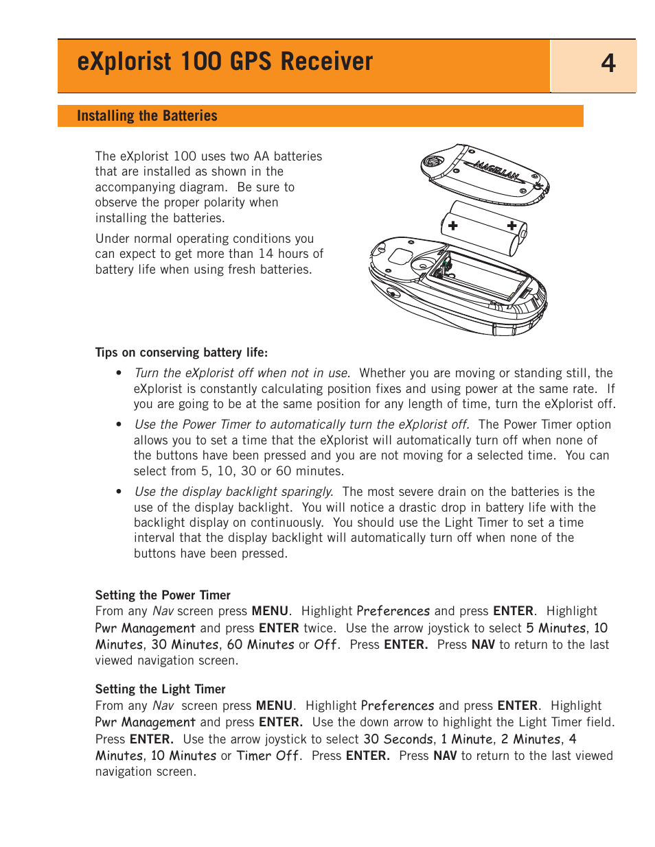 Installing the batteries, Explorist 100 gps receiver 4 | Magellan eXplorist 100 User Manual | Page 9 / 77