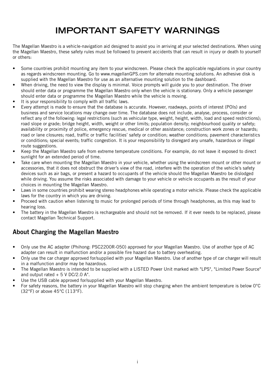 Important safety warnings, About charging the magellan maestro | Magellan 4010 User Manual | Page 2 / 76