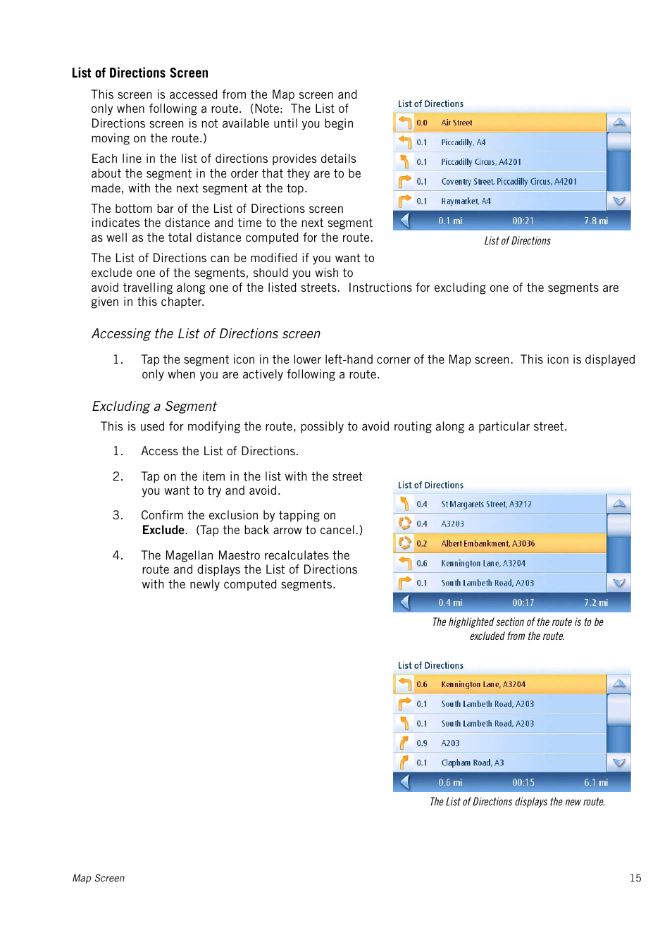 List of directions screen, Accessing the list of directions screen, Excluding a segment | Magellan 4010 User Manual | Page 21 / 76