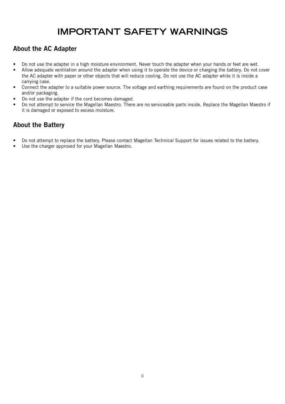 Important safety warnings, About the ac adapter, About the battery | Magellan 4010 User Manual | Page 3 / 76