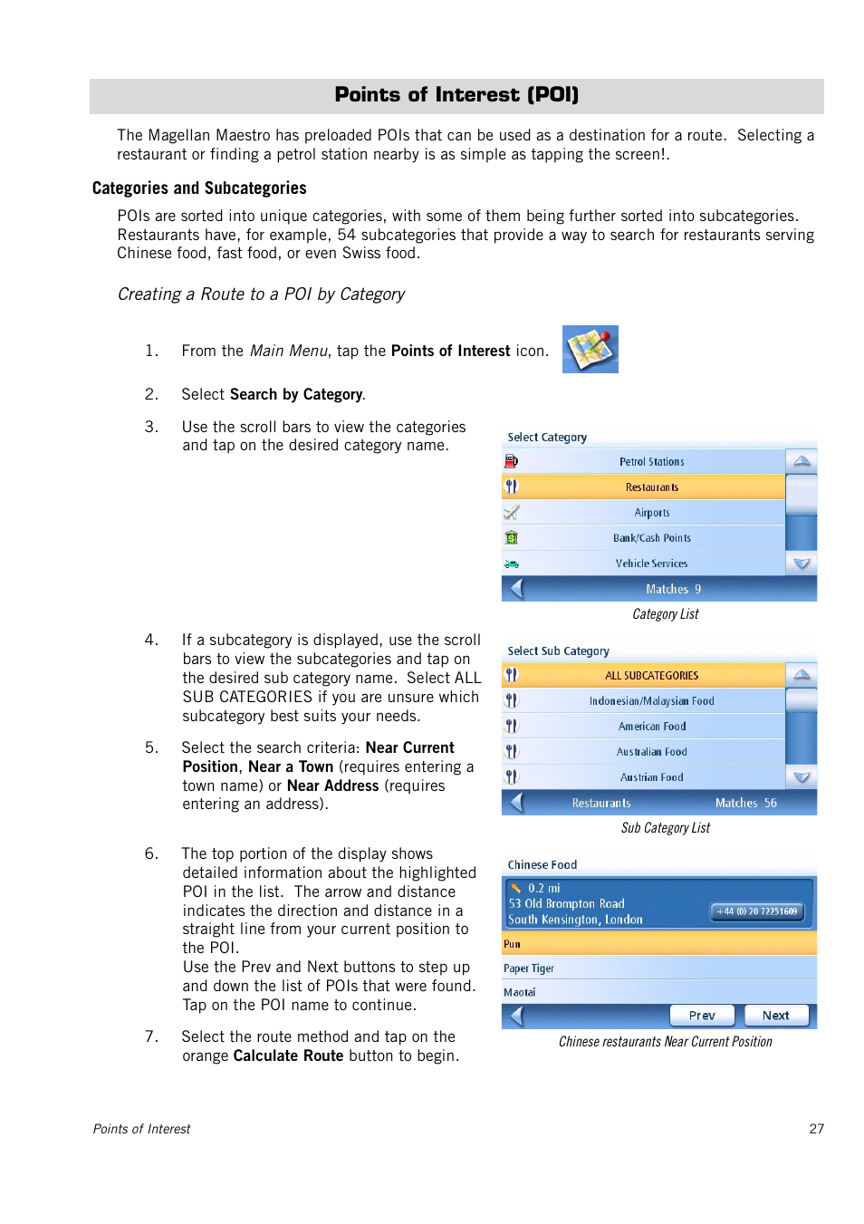 Points of interest (poi), Categories and subcategories, Creating a route to a poi by category | Magellan 4010 User Manual | Page 35 / 76