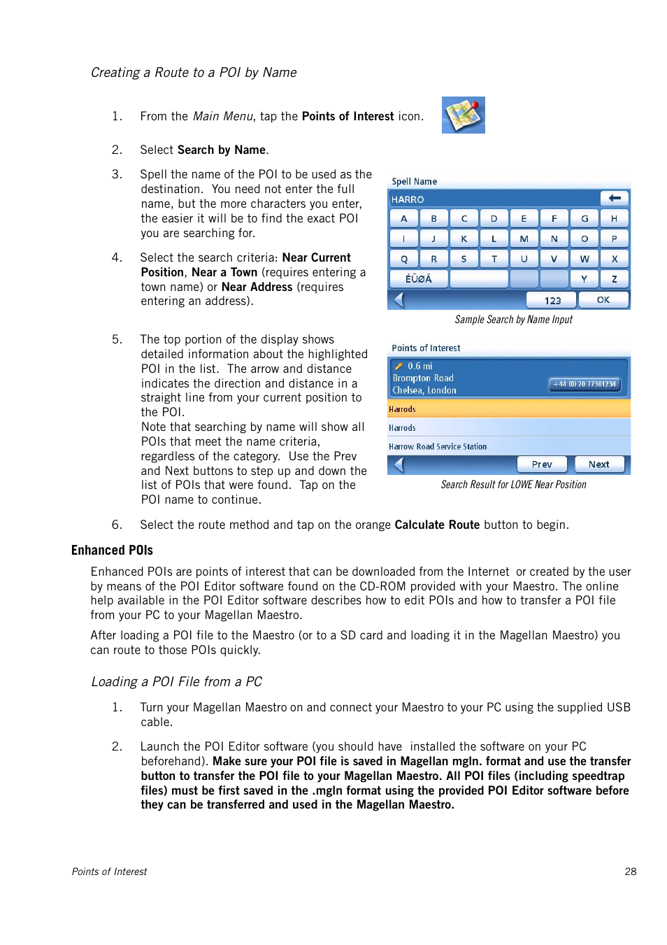 Creating a route to a poi by name, Enhanced pois, Loading a poi file from a pc | Magellan 4010 User Manual | Page 36 / 76