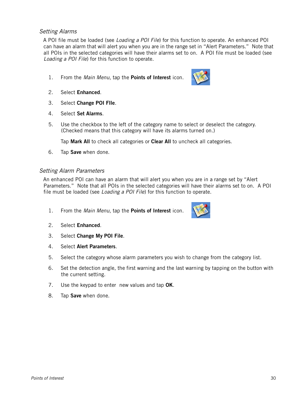 Setting alarms, Setting alarm parameters | Magellan 4010 User Manual | Page 38 / 76