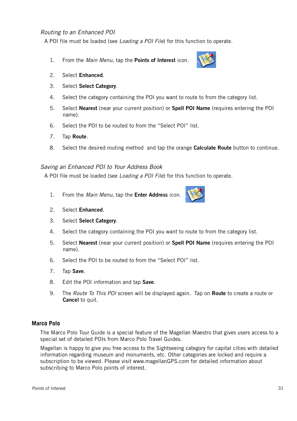 Routing to an enhanced poi, Saving an enhanced poi to your address book, Marco polo | Magellan 4010 User Manual | Page 39 / 76