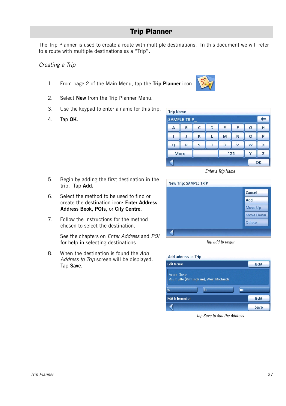 Trip planner, Creating a trip | Magellan 4010 User Manual | Page 45 / 76