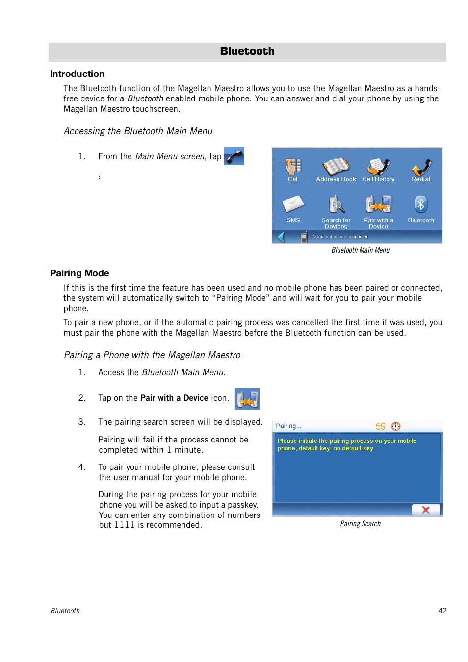 Bluetooth, Introduction, Accessing the bluetooth main menu | Pairing mode, Pairing a phone with the magellan maestro | Magellan 4010 User Manual | Page 51 / 76