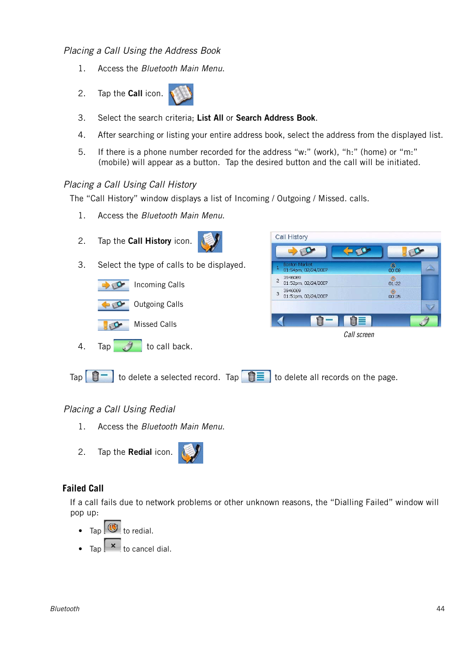Placing a call using the address book, Placing a call using call history, Placing a call using redial | Magellan 4010 User Manual | Page 53 / 76