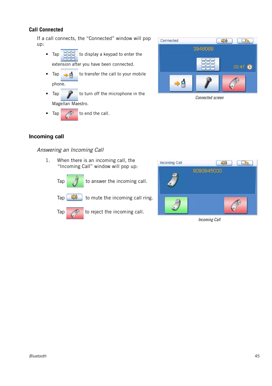 Call connected, Incoming call, Answering an incoming call | Magellan 4010 User Manual | Page 54 / 76
