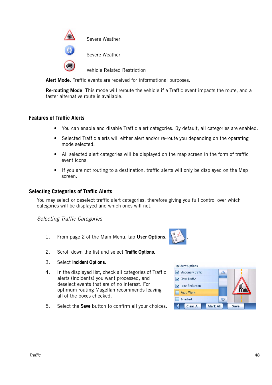 Features of traffic alerts, Selecting categories of traffic alerts, Selecting traffic categories | Magellan 4010 User Manual | Page 57 / 76