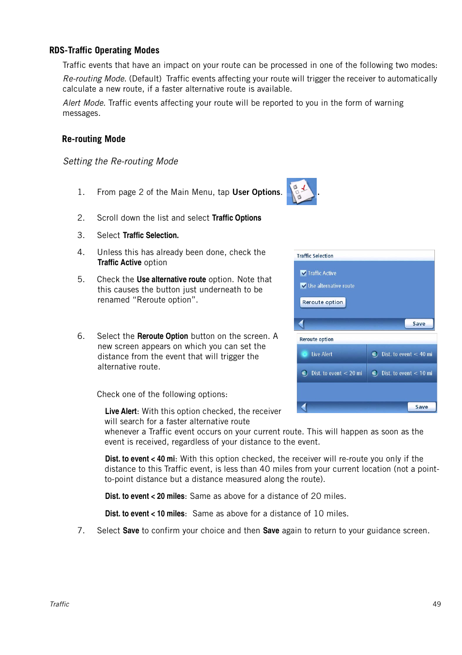 Rds-traffic operating modes, Setting the re-routing mode | Magellan 4010 User Manual | Page 58 / 76