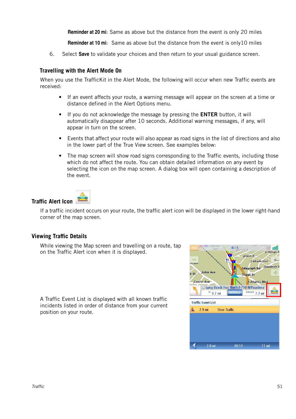 Traffic alert icon, Viewing traffic details | Magellan 4010 User Manual | Page 60 / 76