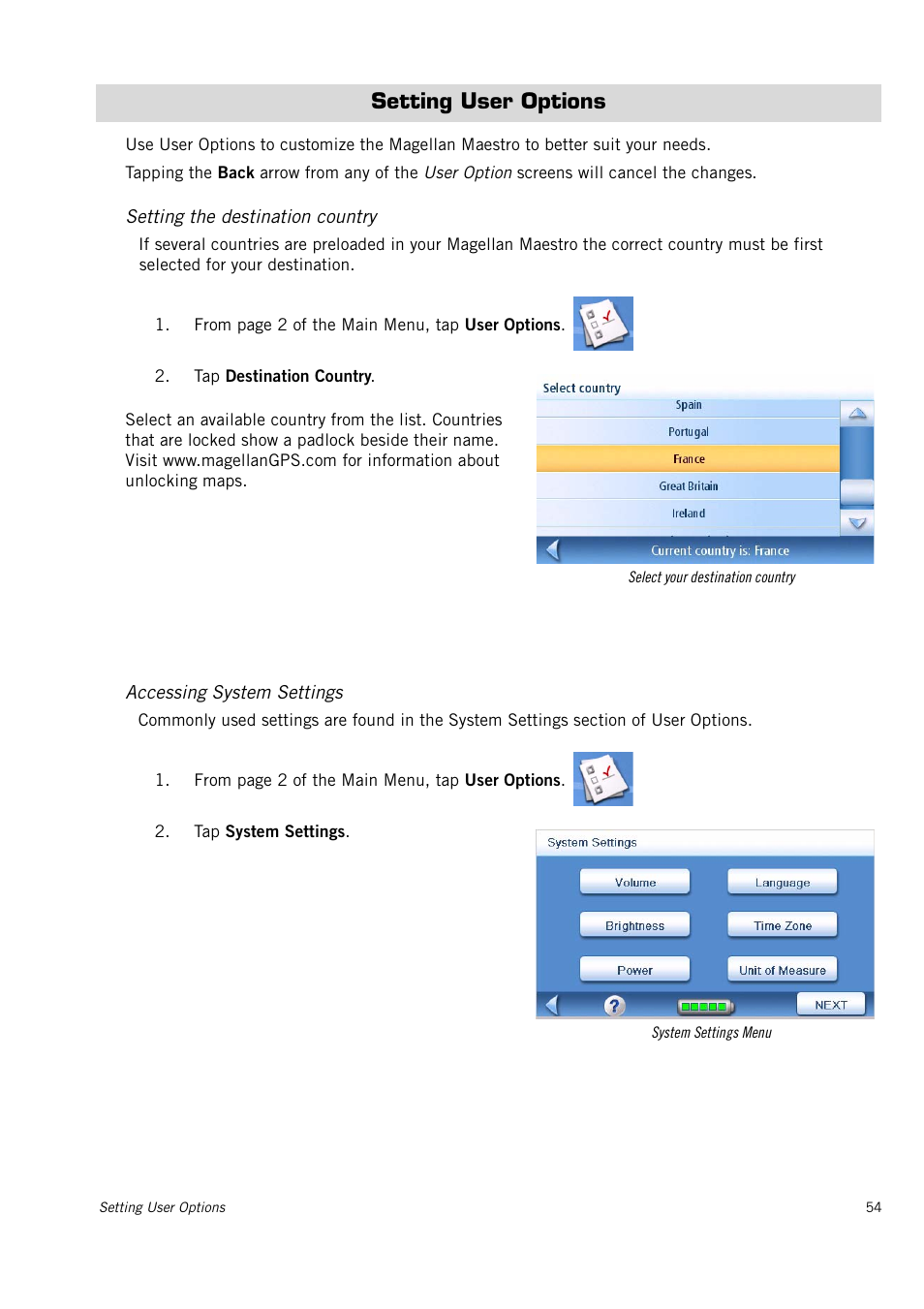 Setting user options, Setting the destination country, Accessing system settings | Magellan 4010 User Manual | Page 63 / 76