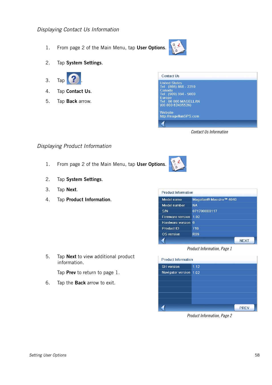 Displaying contact us information, Displaying product information | Magellan 4010 User Manual | Page 67 / 76