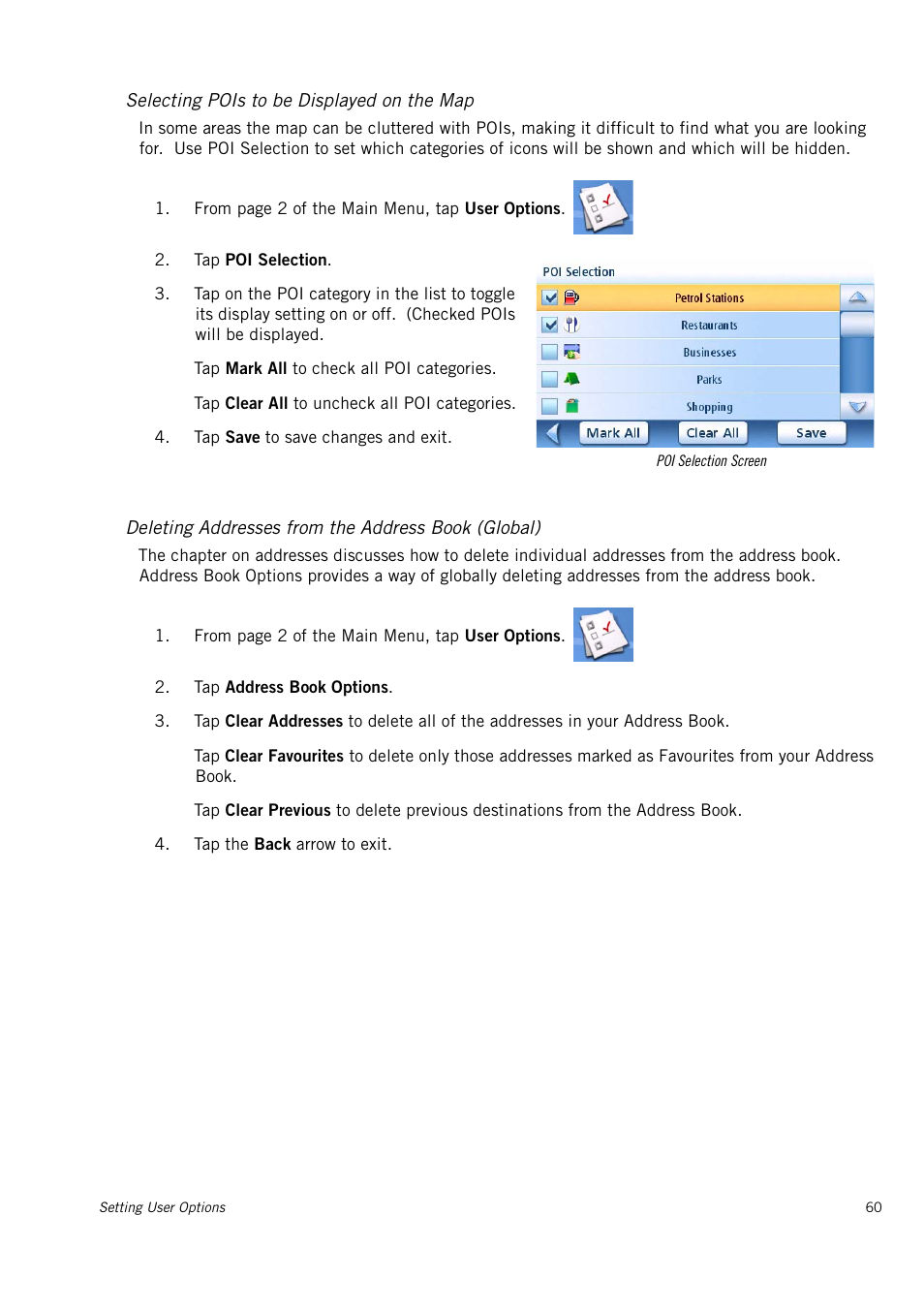 Selecting pois to be displayed on the map, Deleting addresses from the address book (global) | Magellan 4010 User Manual | Page 69 / 76