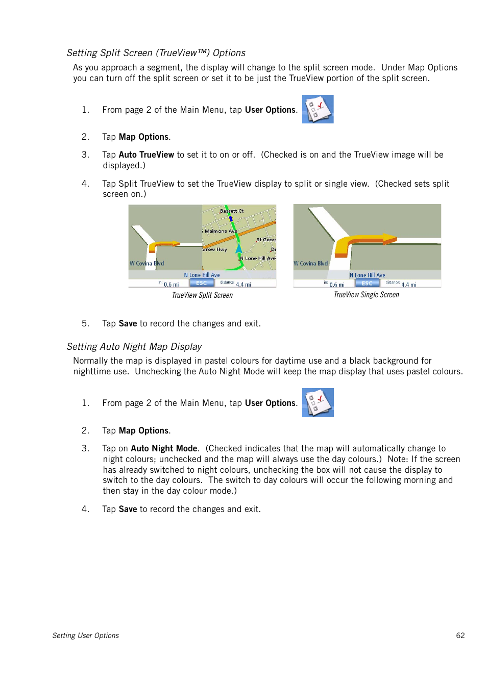 Setting split screen (trueview™) options, Setting auto night map display | Magellan 4010 User Manual | Page 71 / 76