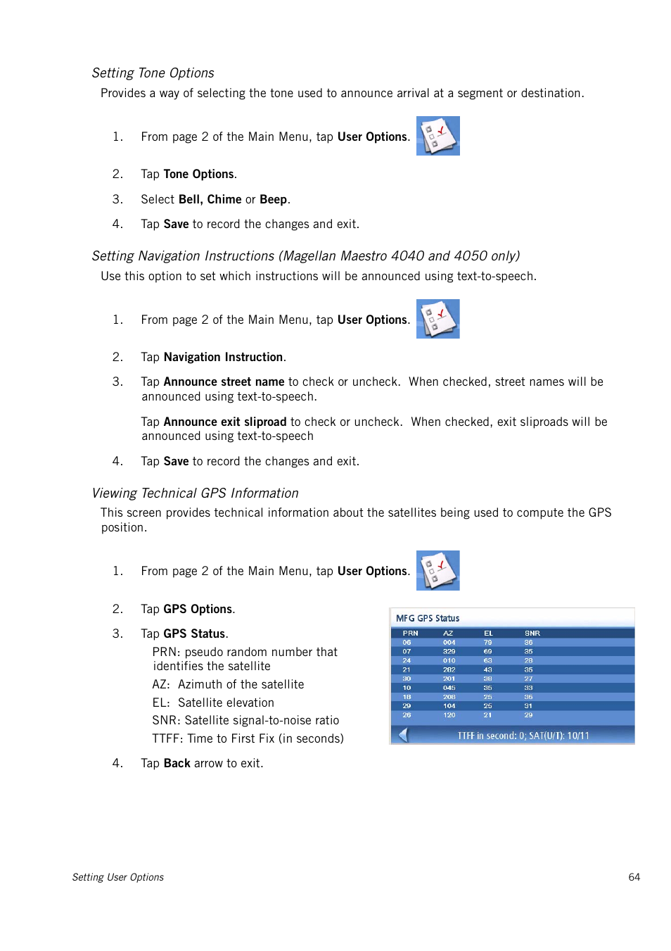 Setting tone options, Viewing technical gps information | Magellan 4010 User Manual | Page 73 / 76