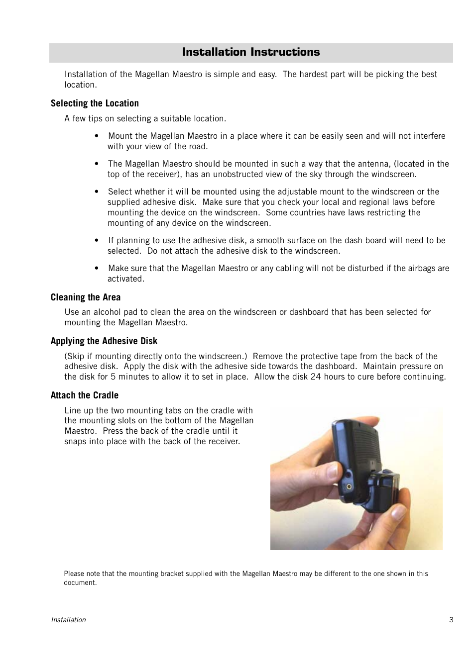 Installation instructions, Selecting the location, Cleaning the area | Applying the adhesive disk, Attach the cradle | Magellan 4010 User Manual | Page 8 / 76