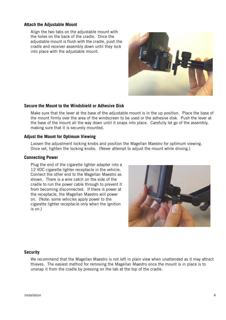 Attach the adjustable mount, Adjust the mount for optimum viewing, Connecting power | Security | Magellan 4010 User Manual | Page 9 / 76