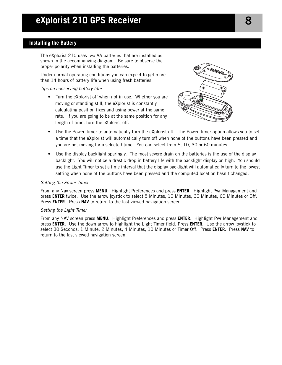 Installing the battery, Explorist 210 gps receiver | Magellan eXplorist 210 User Manual | Page 11 / 98