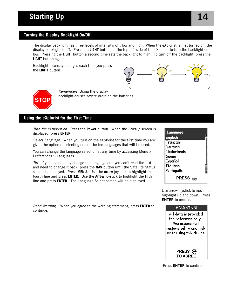 Using the explorist for the first time, Turning the display backlight on/off, Starting up | Magellan eXplorist 210 User Manual | Page 17 / 98