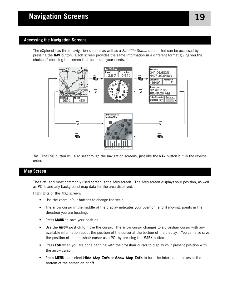 Navigation screens, Accessing the navigation screens, Map screen | Accessing the navigation screens map screen | Magellan eXplorist 210 User Manual | Page 22 / 98