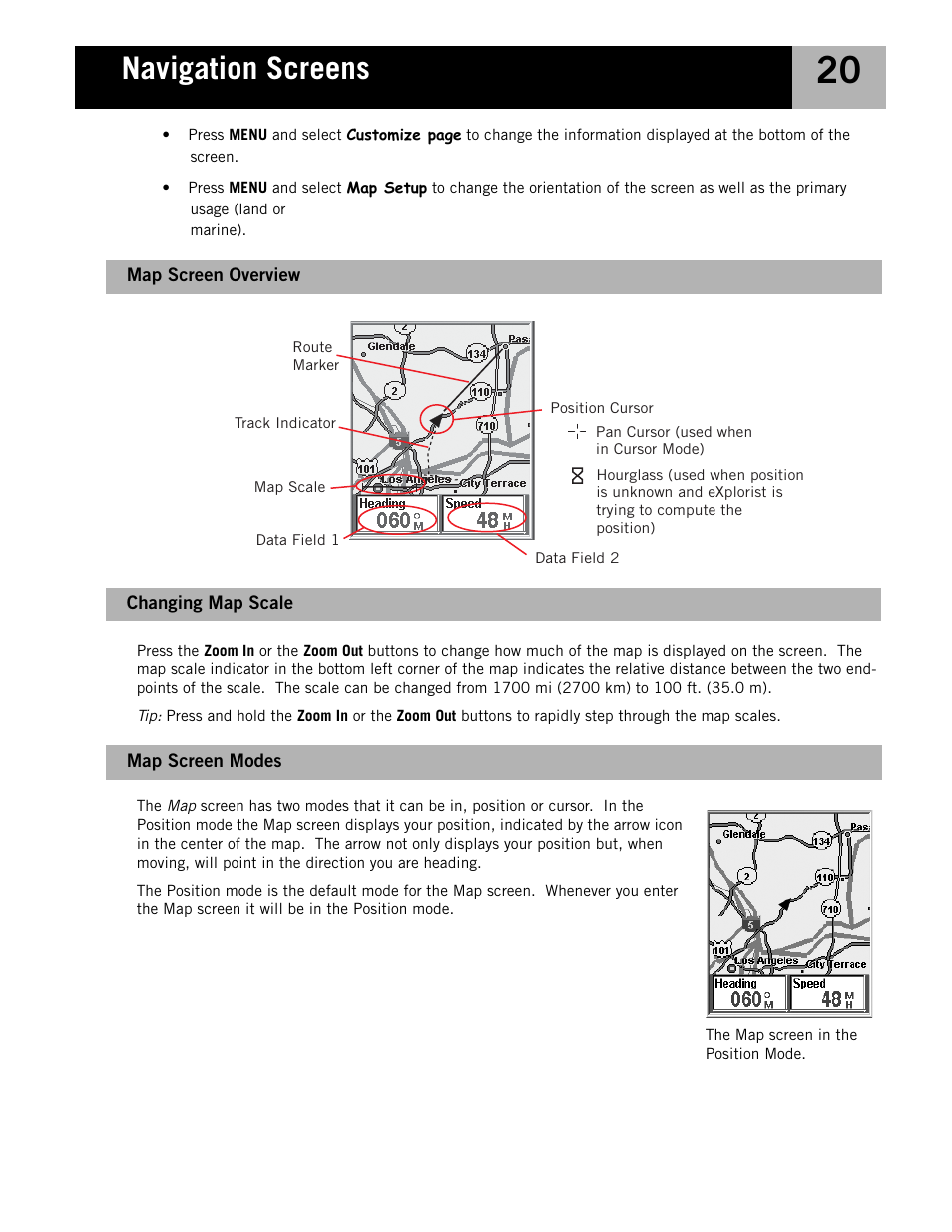 Map screen overview, Changing map scale, Map screen modes | Navigation screens | Magellan eXplorist 210 User Manual | Page 23 / 98