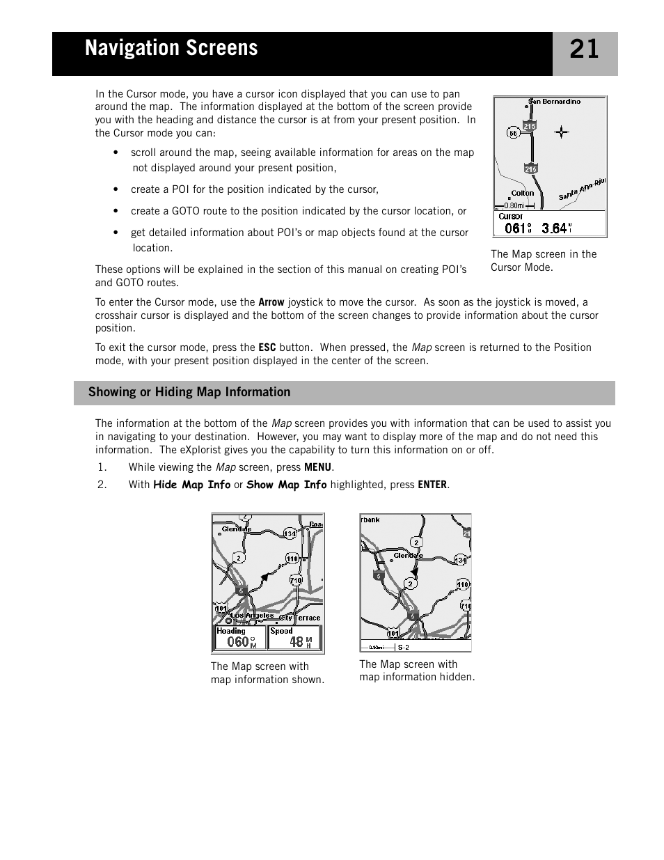 Showing or hiding map information, Navigation screens | Magellan eXplorist 210 User Manual | Page 24 / 98