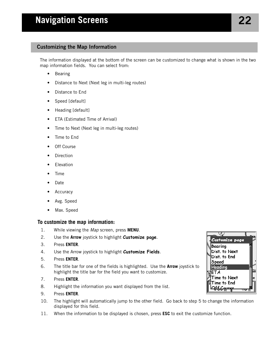 Customizing the map information, Navigation screens | Magellan eXplorist 210 User Manual | Page 25 / 98