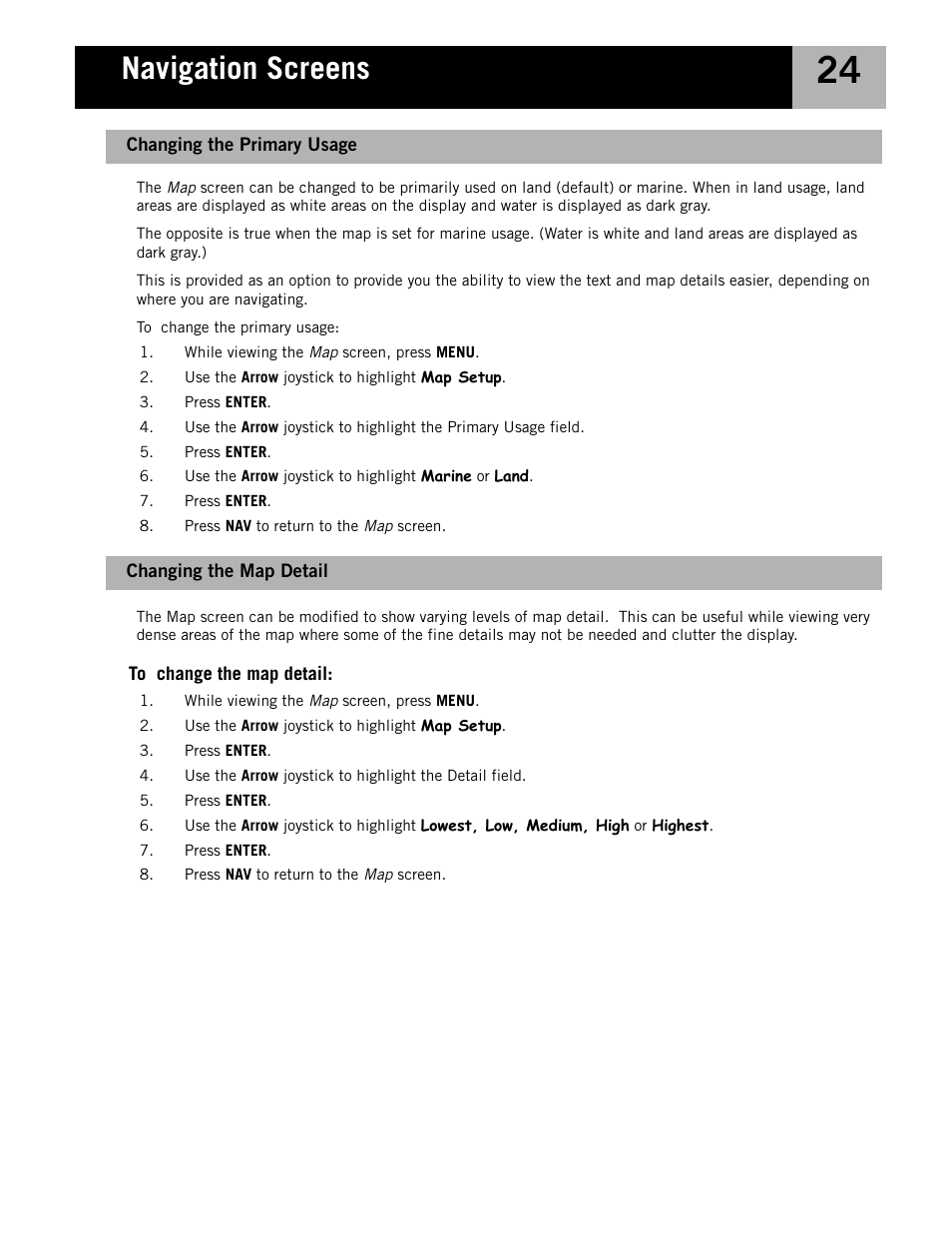 Changing the map detail, Changing the primary usage, Navigation screens | Magellan eXplorist 210 User Manual | Page 27 / 98